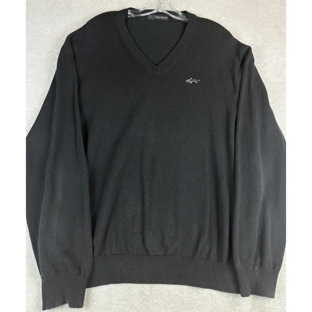 GREG NORMAN Sweater size‎ XL Black With Shark Logo - V-neck Golf